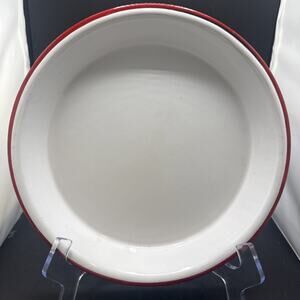Vintage White Red Rim Enamelware Dinner Plate Farmhouse Camp Rustic 10 Inch